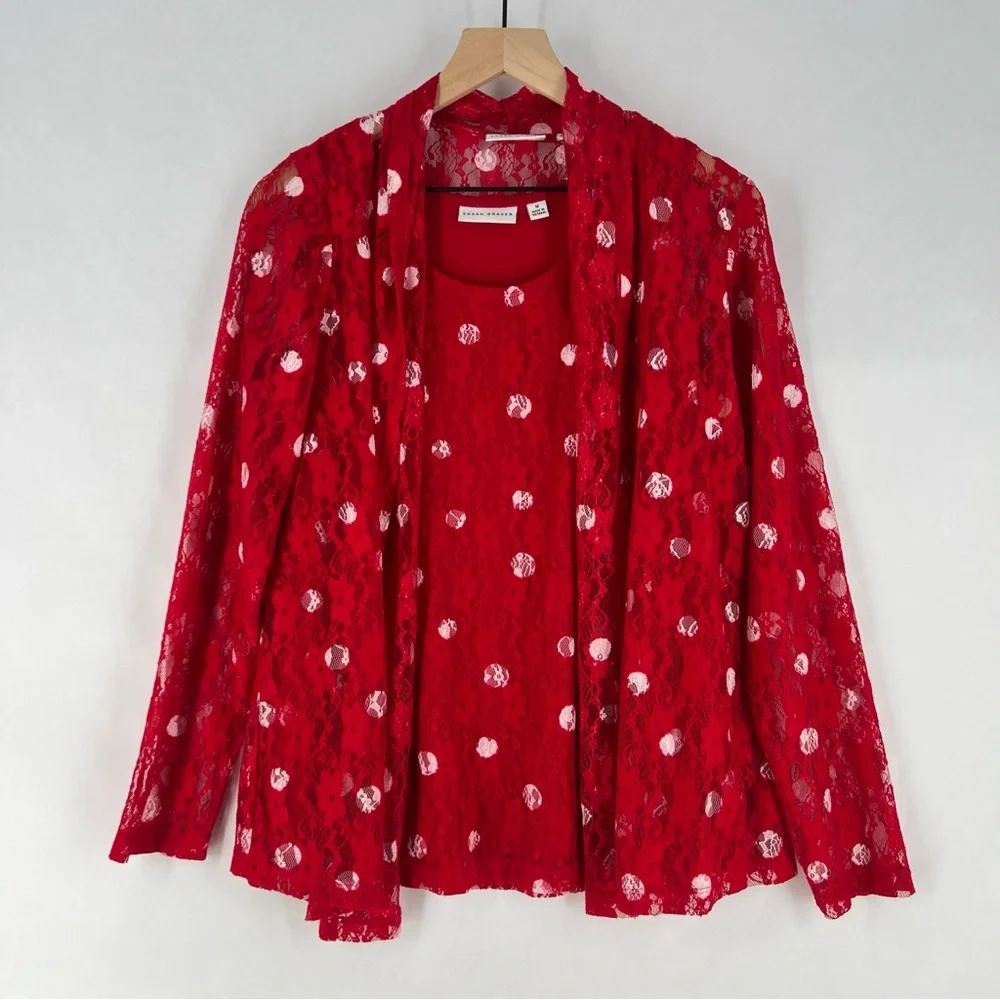 Susan Graver Red Lace White Polka Dot Scoop Neck Tank Sheer Open Cardigan Set‎